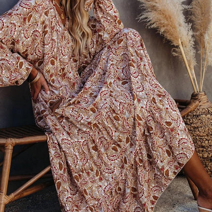 Sexy Women's Khaki Loose V-Neck Lace Long Print Beach Dress