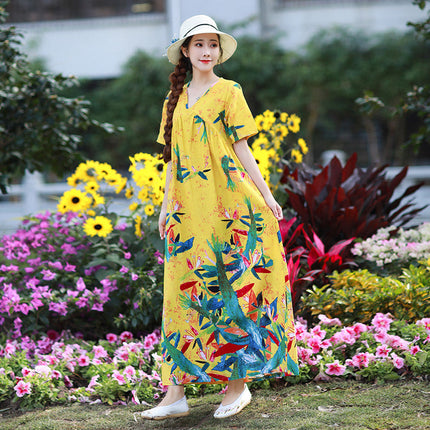 Literary Retro V-neck Plus Size Loose Long-sleeved Dress