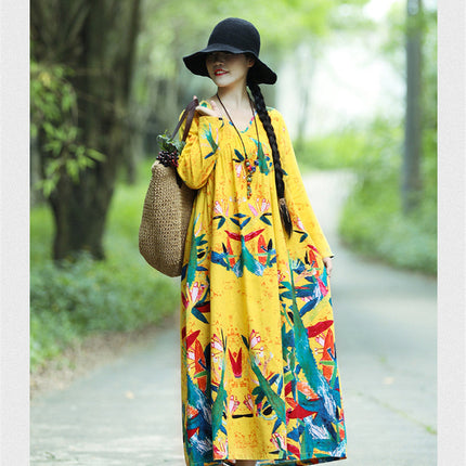 Literary Retro V-neck Plus Size Loose Long-sleeved Dress