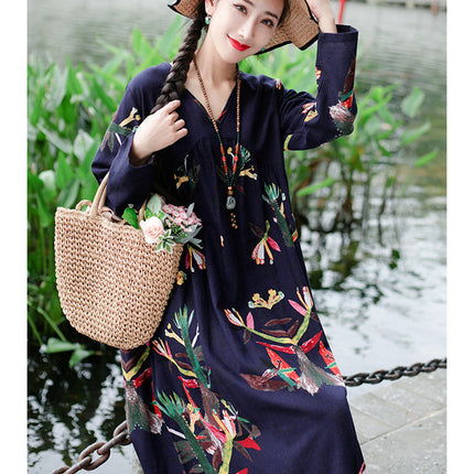 Literary Retro V-neck Plus Size Loose Long-sleeved Dress