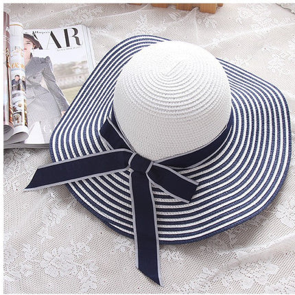 Hot Sale Fashion Hepburn Hat Wind Black White Striped Bowknot Summer Sun Hat Beautiful Women Straw Beach Hat Wide-Brim Cap