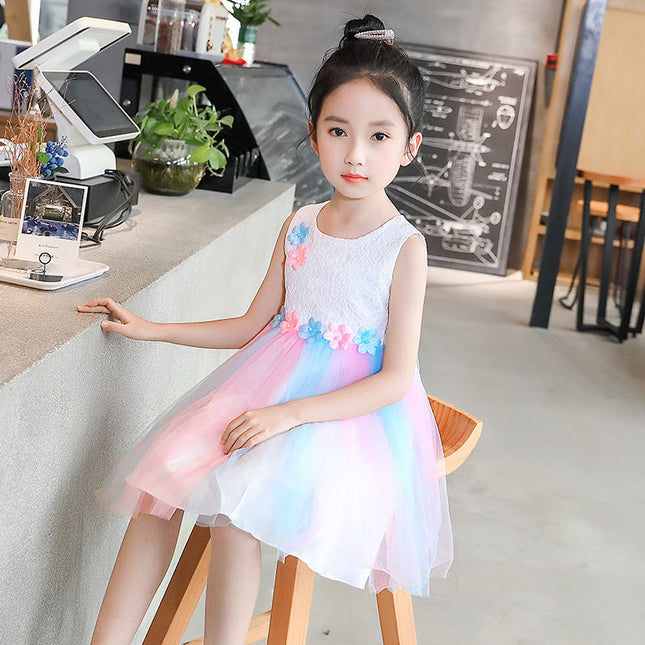 Western Style Flower Stitching Rainbow Mesh Skirt Girls Dress