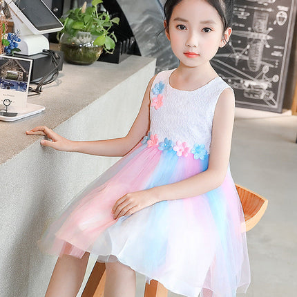 Western Style Flower Stitching Rainbow Mesh Skirt Girls Dress