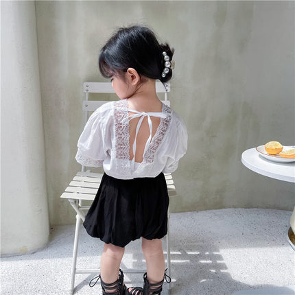 Girls Summer V-neck Back Lace Hollow Lace Puff Sleeve Short Sleeve Baby Shirt  Pumpkin Shorts Two-piece Set