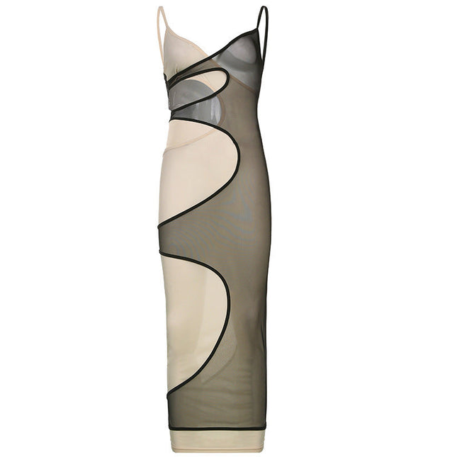 Mesh Stitching Contrast Color V-neck Hollow-out Camisole Midriff Outfit Sexy Hot Girl Temperament Jumpsuit Dress