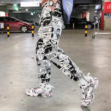 Tide brand hip hop newspaper pants men and women pants ins the same paragraph street loose beam pants national tide