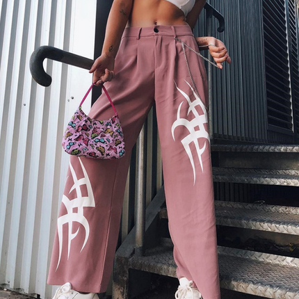 Smoke pink mopping asymmetrical printing slim wide-leg pants