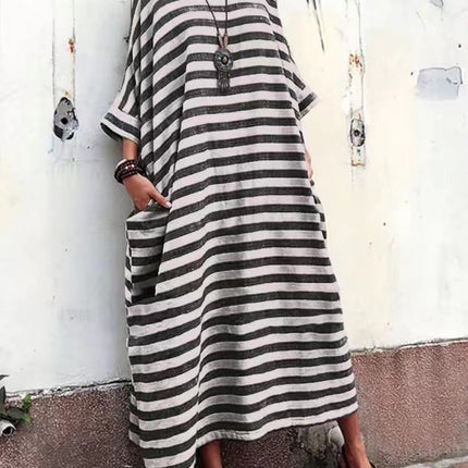 Cotton And Linen Stripes Loose Plus Size Long Dress