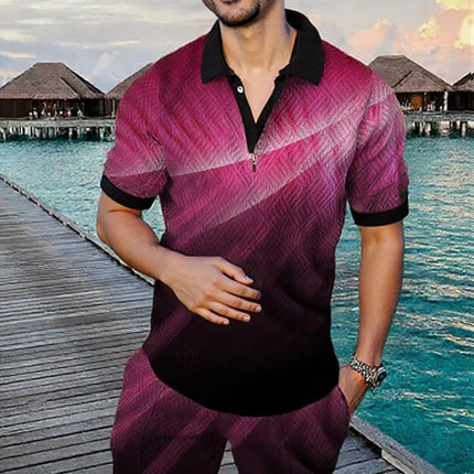Men's Summer Fashion 3D Printed Short Sleeve Geometric Zip Lapel Shirt Set