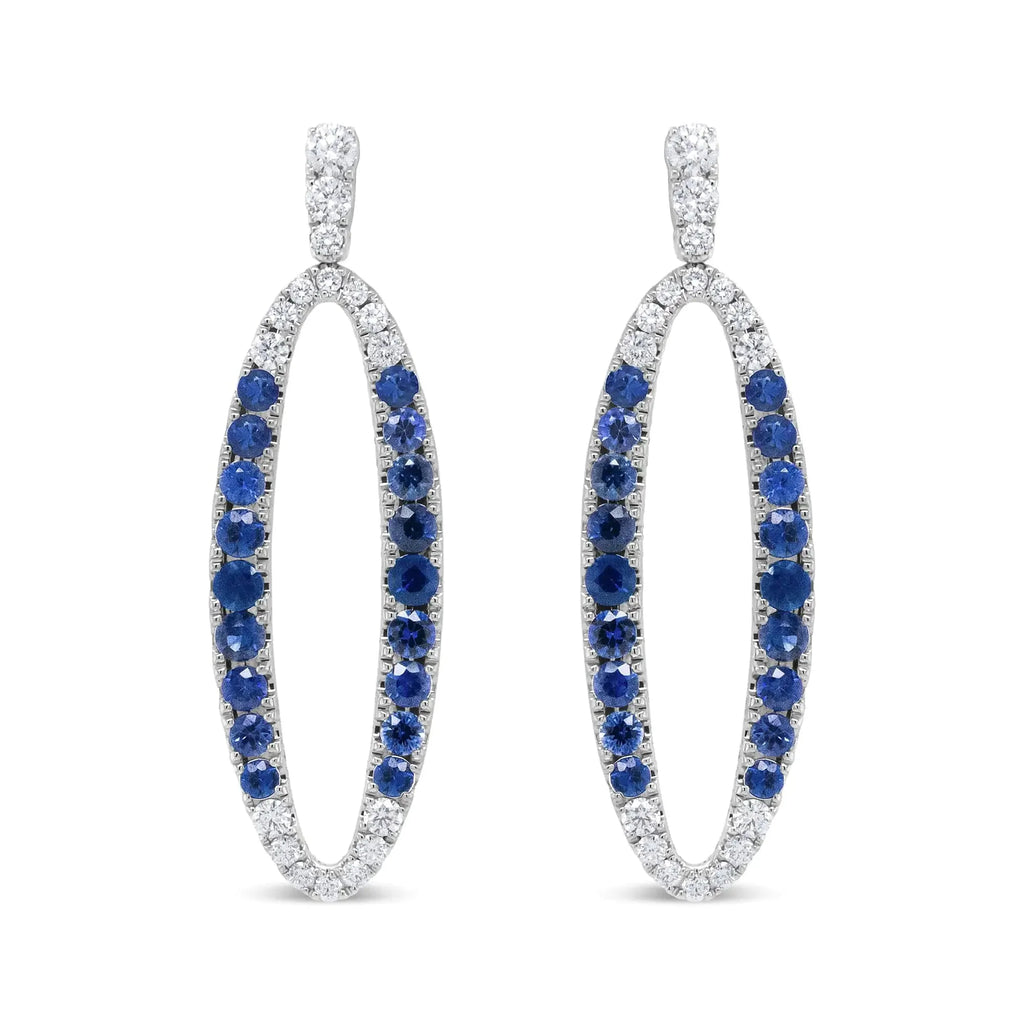 18K White Gold 1.11 Cttw Blue Round Diamond and Blue Sapphire Openwork Oval Shaped Dangle Earrings (F-G Color, VS1-VS2 Clarity)
