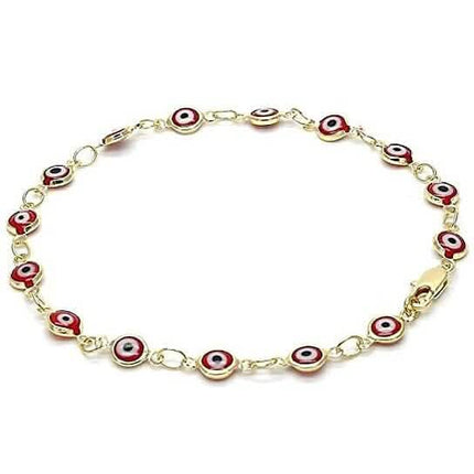 18k Women's Gold Filled High Polish Finsh Red Evil Eye Clasp Bracelet 7.5 Inch