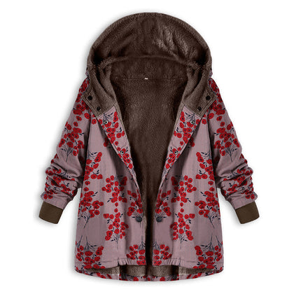 Retro flower print plus size hooded jacket top