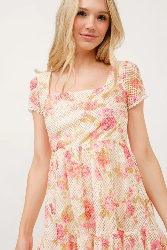 And The Why Square Neck Tiered Floral Fishnet Dress