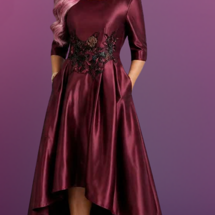 FLIPSTYLEZ LLC. Burgundy Floral Embroidered Satin Gown | Long Evening Spring Maxi Dress for Casual Elegance