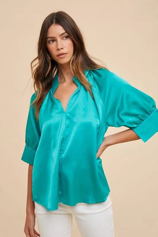 Annie Wear Satin V Neck Open Short Sleeve Woven Blouse Top