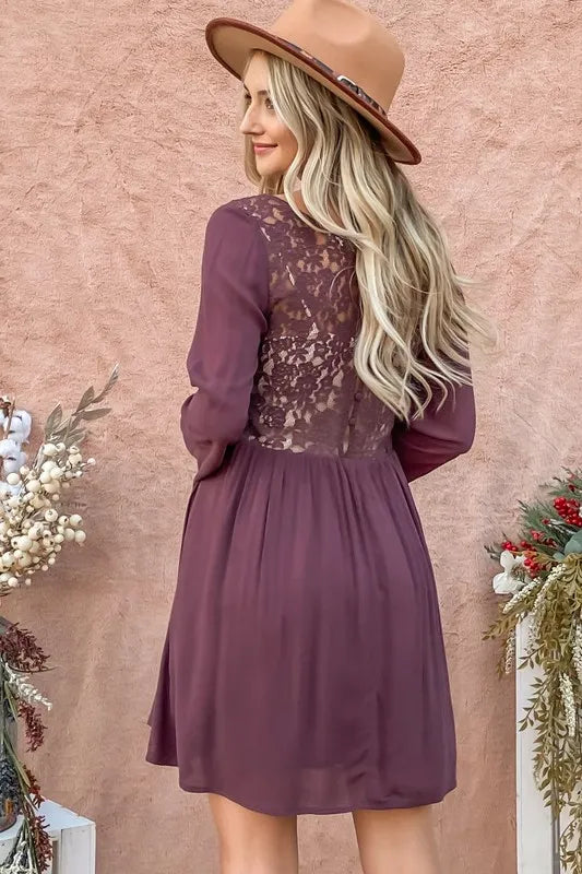 And The Why Back Lace Button Down Detail Bell Sleeve Dress
