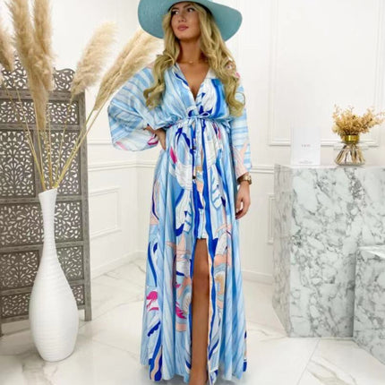 New women''s V-neck short sleeve printed long dress