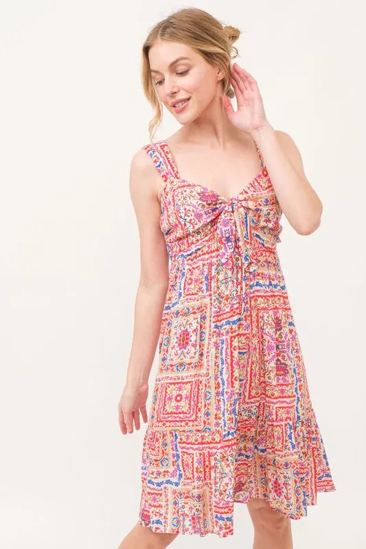 And The Why Tied Front Smocked Back Tiered Boho Printed Dress