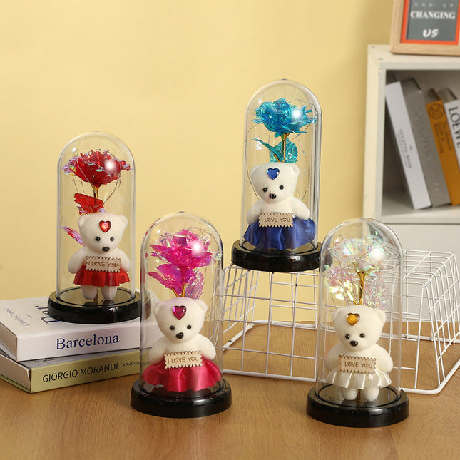 Rose Bear Preserved Fresh Flower Glass Cover Valentine's Day LED Light Decoration Gift