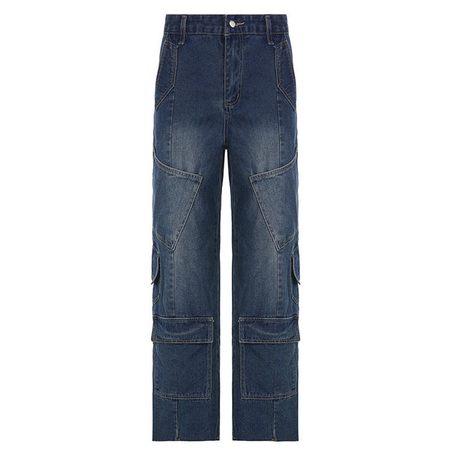 Women's Washed-out Vintage Dark Blue Denim Split Stitching Multi-pocket High Waist Straight All-matching Casual Pants