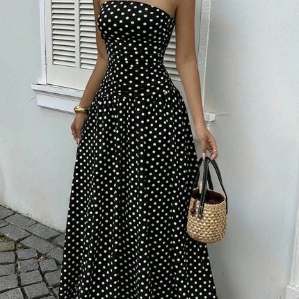 Elegant Off-Shoulder Polka Dot Dress – Strapless High-Waist Style