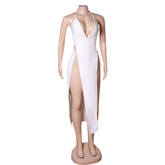 Summer Women's  Back Deep V White Evening Dress