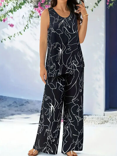 Abstract Print Round Neck Tank and Pants Set