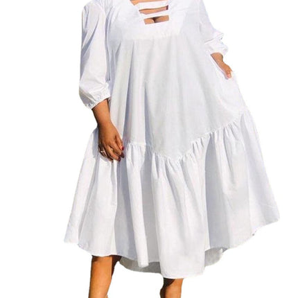 Round Neck White Large Swing Solid Color Plus Size Dress