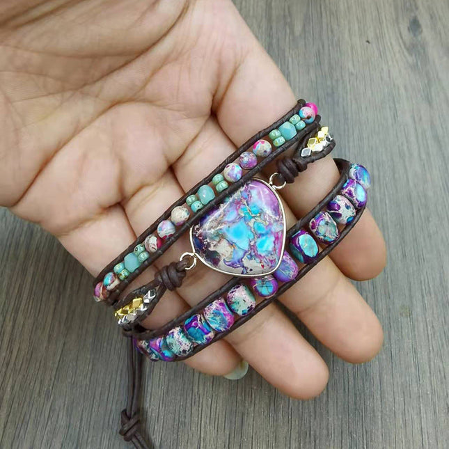 Purple Emperor Stone 3 Circles Cowhide Rope Beaded Bracelet