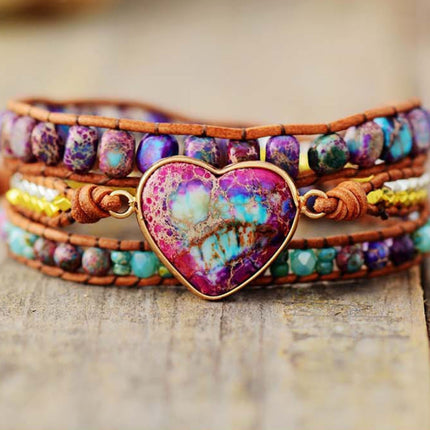 Purple Emperor Stone 3 Circles Cowhide Rope Beaded Bracelet