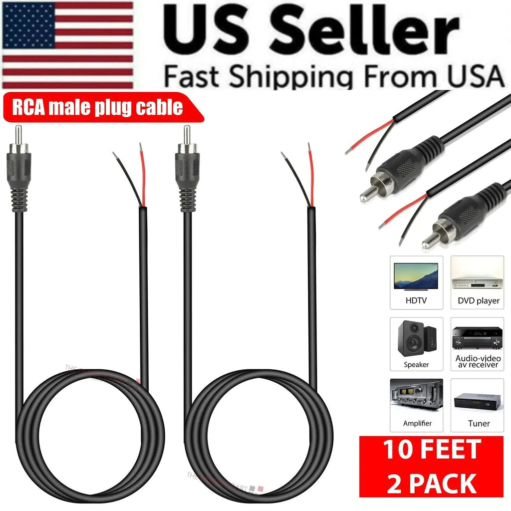 2-Pack 10 FT RCA Male Plug to Bare Wire Audio Speaker Subwoofer HDTV Cable Cord
