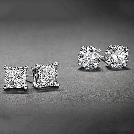 2-Pairs: White Gold High Polish Finish Stud Earrings Cubic Zirconia Round and Princess Cut
