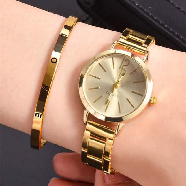 2-Piece Set: Digital Alloy with Quartz Watch and Love Bracelet