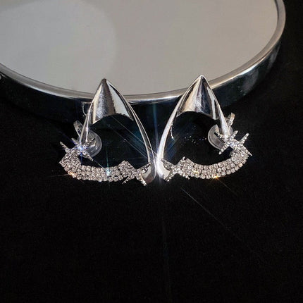 Silver Elven Ear Cuff Earrings | Shooting Star Crawler Studs with Pave Zirconia | Gothic Fairy Wing Jewelry | Celestial Wrap Studs for Women