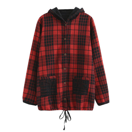 H5 plus size women's autumn and winter new fat sister mm plus velvet plaid double yarn hooded lining