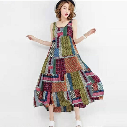 National style printed sleeveless plus size midi skirt