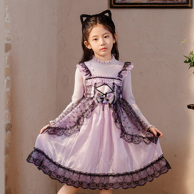 LITTLE Girls light purple silk with long sleeve with black lace trim ascent design dress
