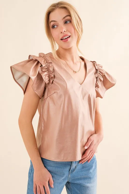 And The Why Faux Leather Ruffle Sleeves V Neck Top