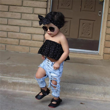 Girls' Woven Stretch Print Dot Cotton Denim Ripped Trousers Turban Three-piece European And American Cross-border Suit