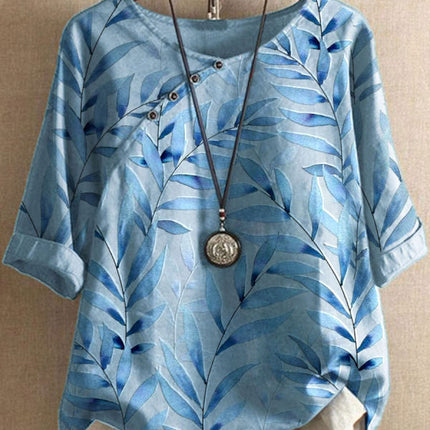 Long Sleeve Round Neck Pullover Three Quarter Sleeve Womens Printed T Shirt