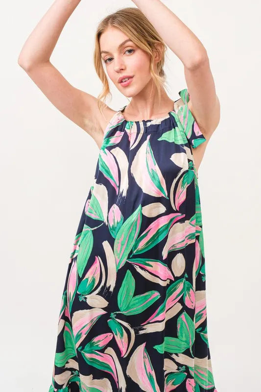 And The Why Botanical Printed Halterneck Tiered Maxi Dress