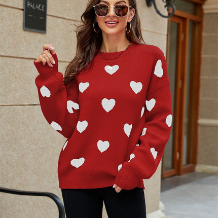New Valentine's Day Heart Round Neck Plus Size Loose Women's Knit Sweater