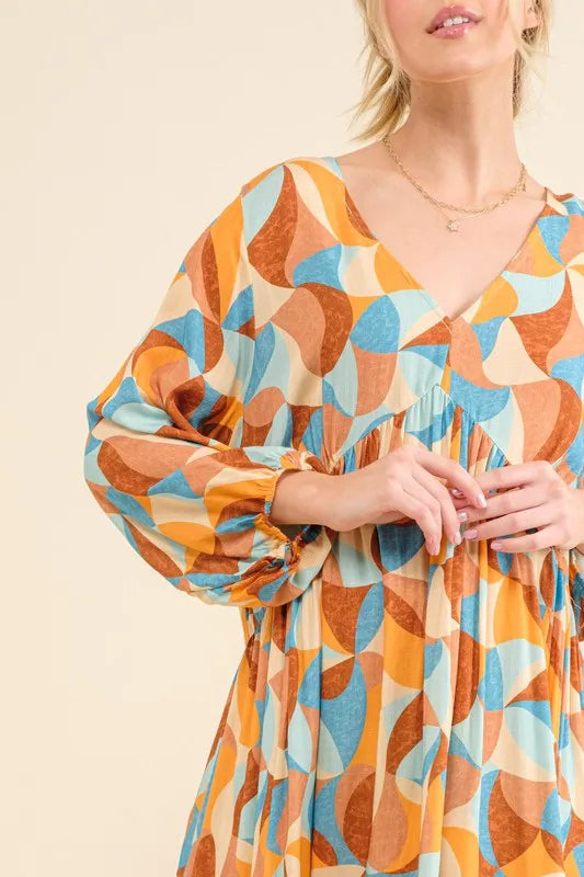 And The Why Printed Open Back Puff Sleeve Casual Dress