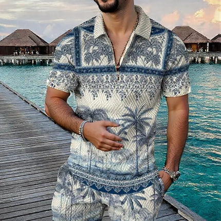 Men's Summer Fashion 3D Printed Short Sleeve Geometric Zip Lapel Shirt Set