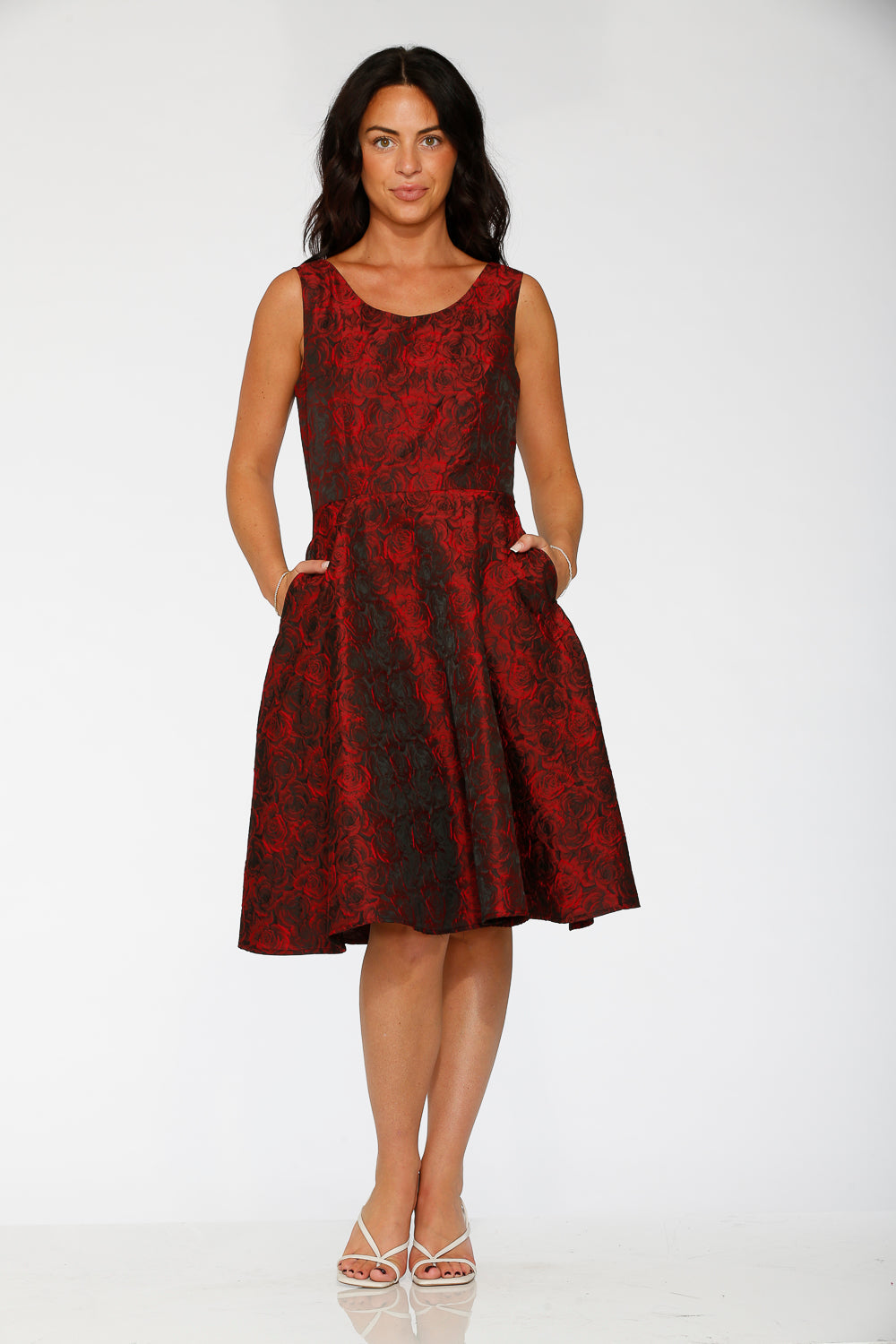 24400 Black Red Rose Brocade Floral Swing Dress