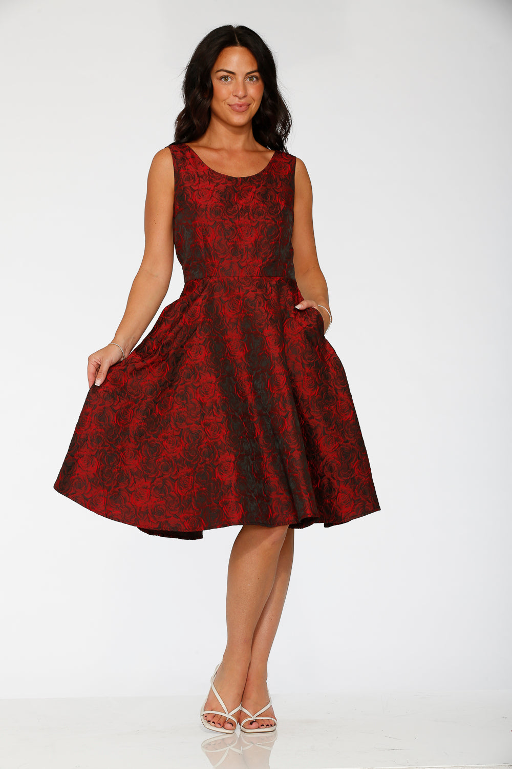 24400 Black Red Rose Brocade Floral Swing Dress