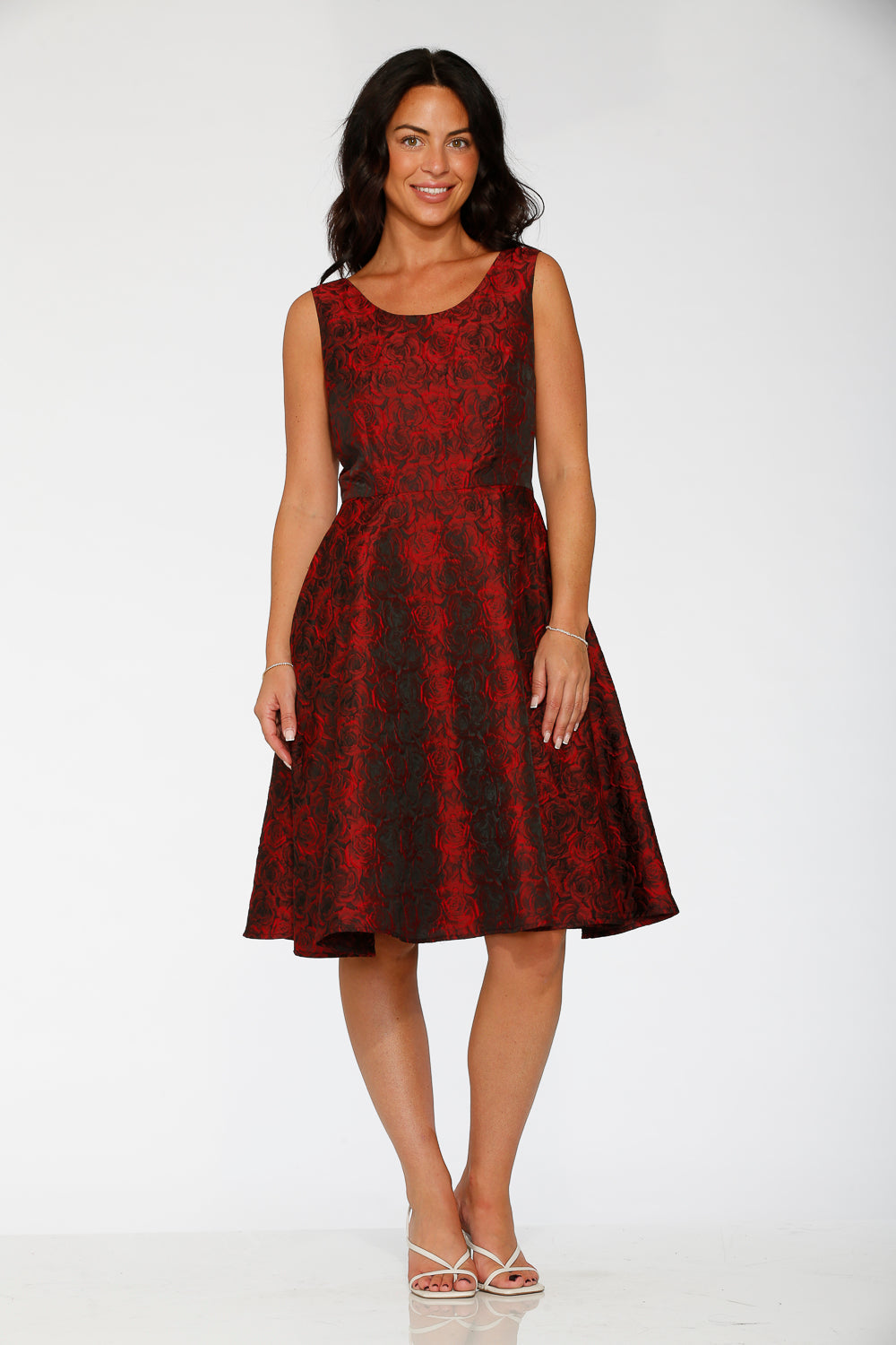 24400 Black Red Rose Brocade Floral Swing Dress