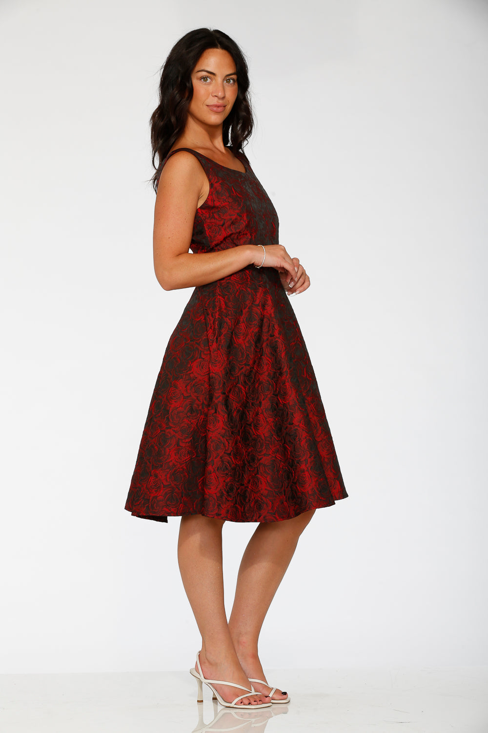 24400 Black Red Rose Brocade Floral Swing Dress