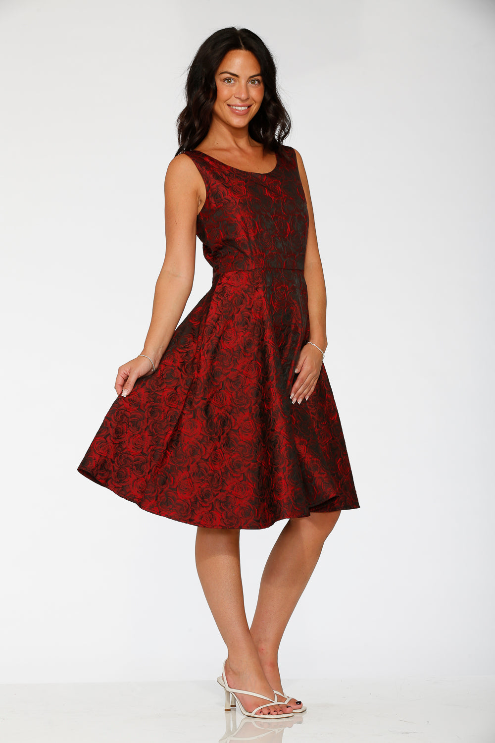 24400 Black Red Rose Brocade Floral Swing Dress
