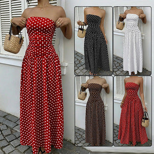 Elegant Off-Shoulder Polka Dot Dress – Strapless High-Waist Style
